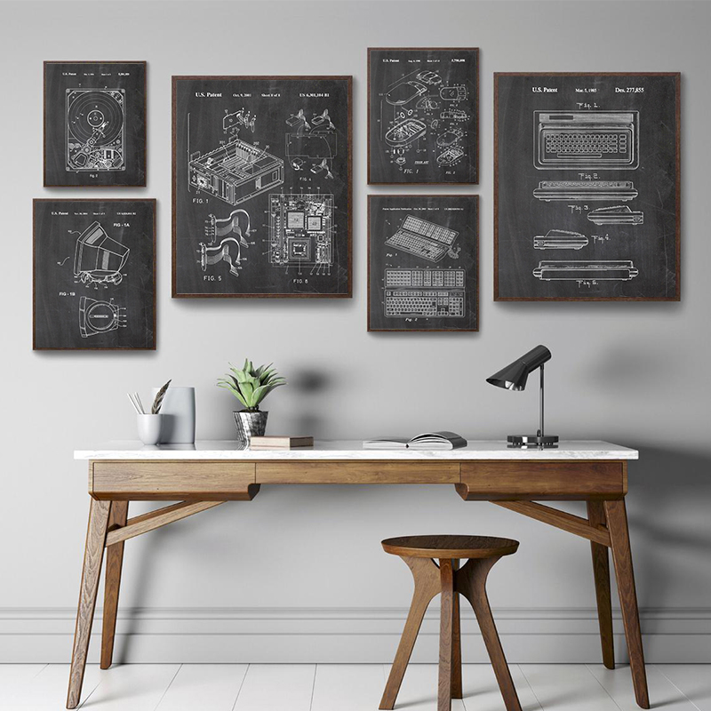 Office Tech Room - ชุดภาพศิลปะติดผนังลายสิทธิบัตรคอมพิวเตอร์สไตล์วินเทจ 6 ชิ้น ภาพพิมพ์แบบแปลนเทคโนโลยีสำหรับตกแต่งสำนักงานและห้องเกมเมอร์